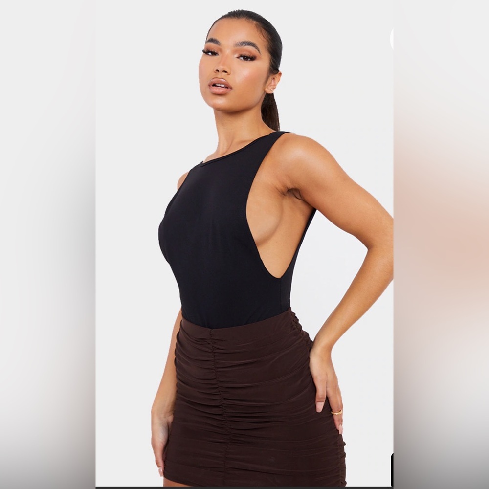 Pretty Little Thing Black Crepe Side Boob Thong Bodysuit sz Medium New